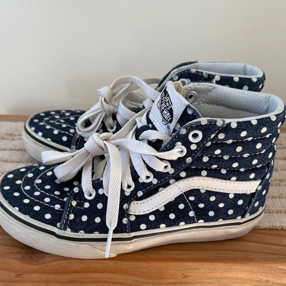 Vans Kids' denim navy and White Polka Dot Sneakers size 1 kids youth high top